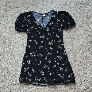 H&M Black Floral Mini Dress with Pink, Red, Green and Cream Accents